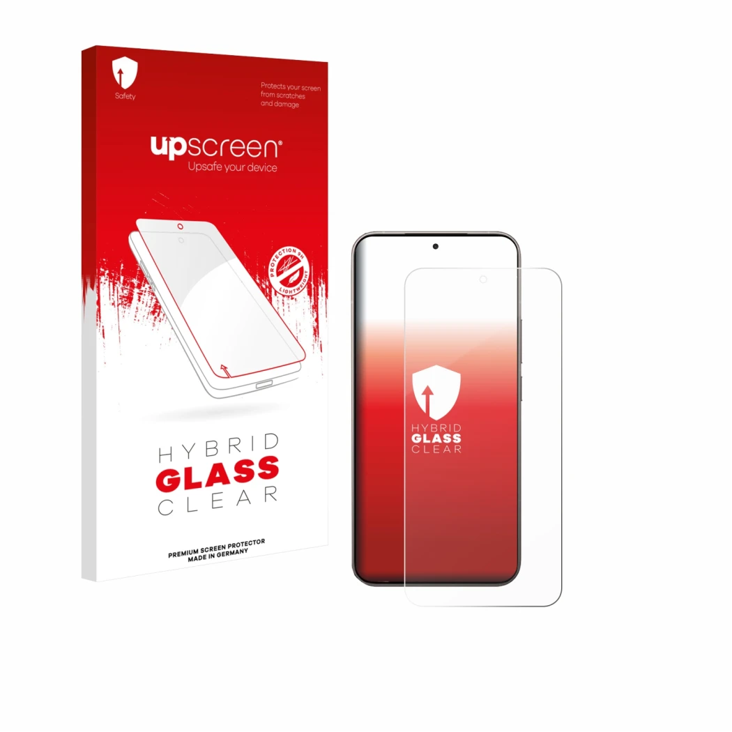 Face avant d’un emballage produit avec le logo de la marque upscreen. À côté, l’appareil Xiaomi 15T Pro est représenté avec la