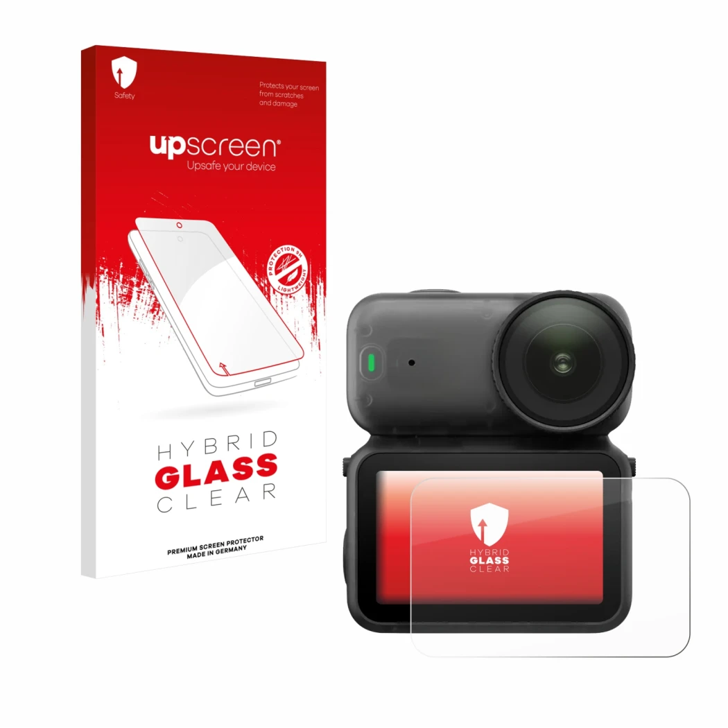 Face avant d’un emballage produit avec le logo de la marque upscreen. À côté, l’appareil DJI Osmo Nano est représenté avec la 