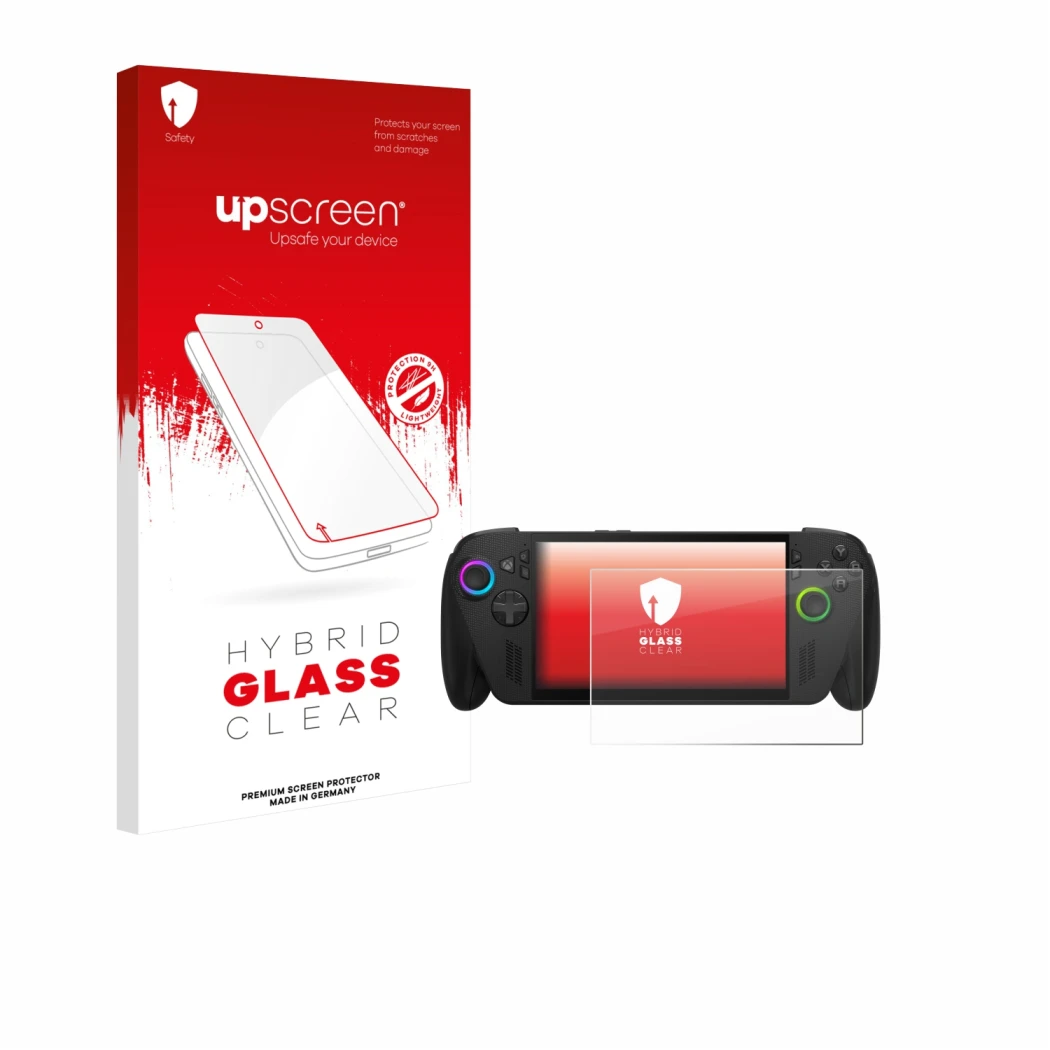 Face avant d’un emballage produit avec le logo de la marque upscreen. À côté, l’appareil ASUS ROG Ally X 2025 est représenté a