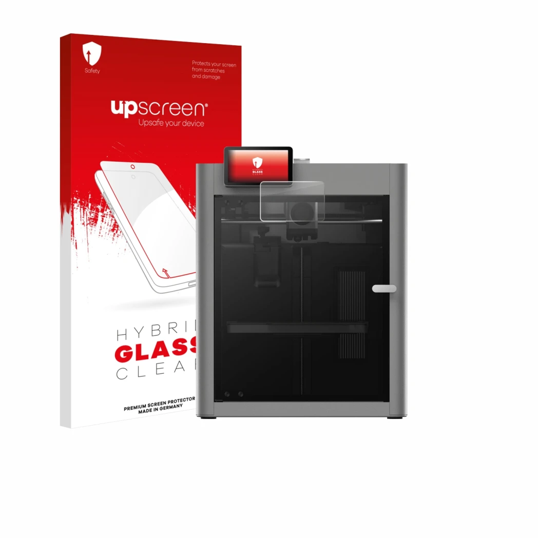 Face avant d’un emballage produit avec le logo de la marque upscreen. À côté, l’appareil Bambu Lab P2S 3D Printer est représen