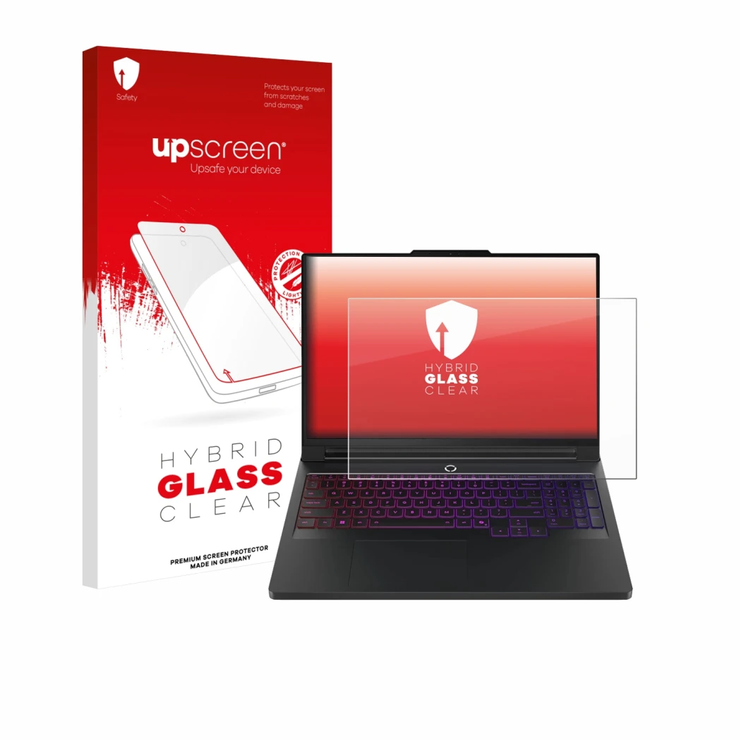 Face avant d’un emballage produit avec le logo de la marque upscreen. À côté, l’appareil Lenovo Legion Pro 7 Gen 10 16