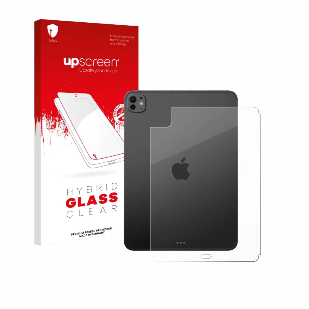 Face avant d’un emballage produit avec le logo de la marque upscreen. À côté, l’appareil Apple iPad Pro 11