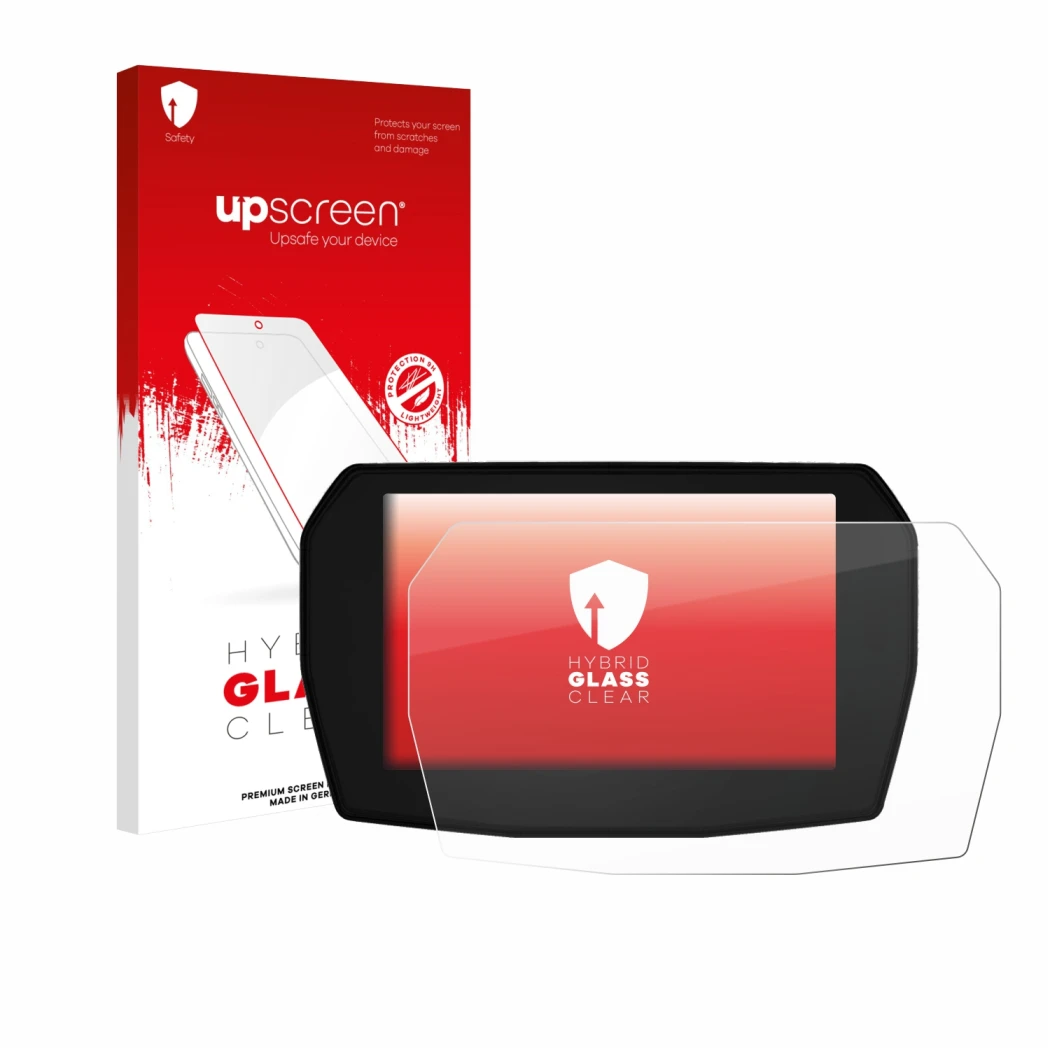 Face avant d’un emballage produit avec le logo de la marque upscreen. À côté, l’appareil Ducati Multistrada V2 2025 est représ