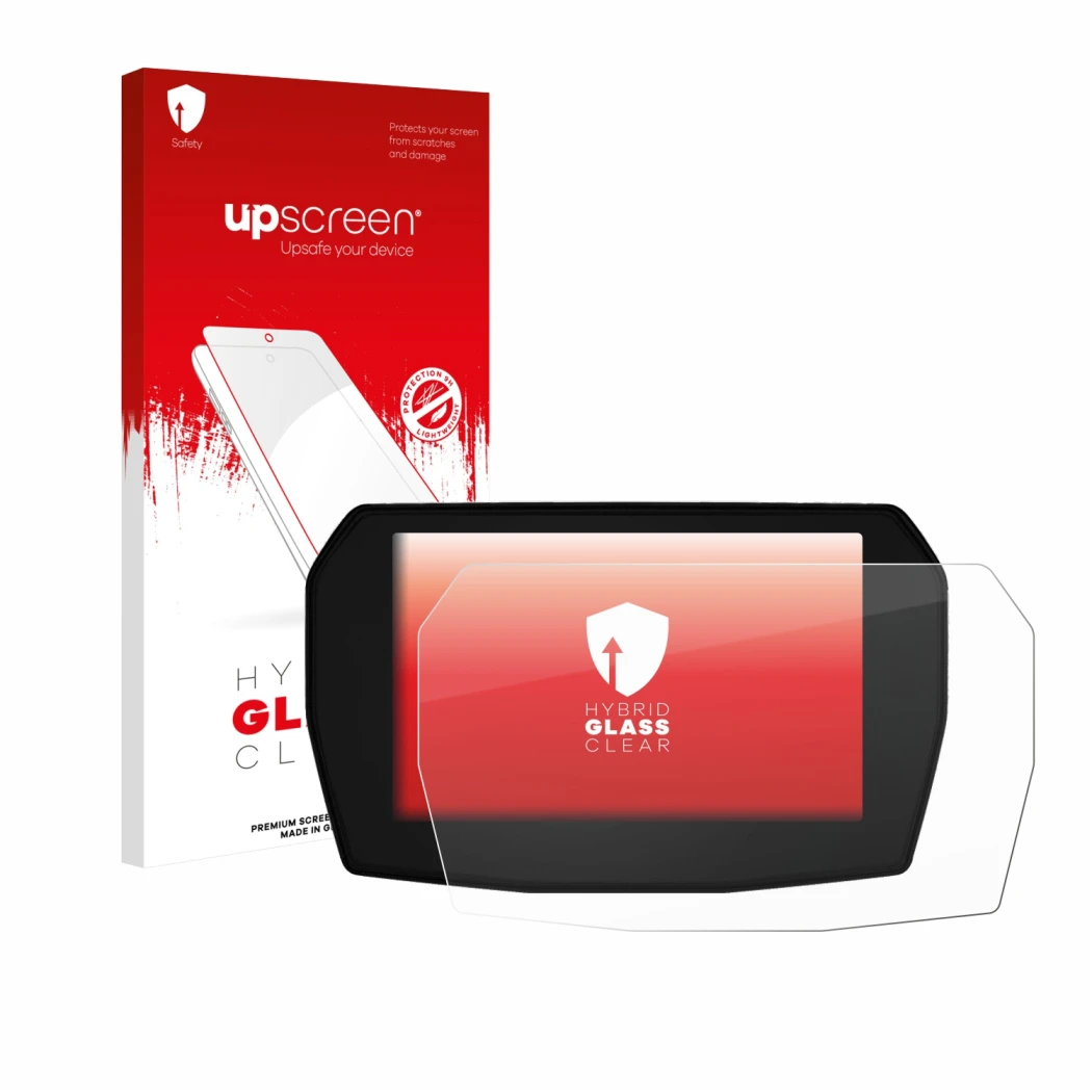 Face avant d’un emballage produit avec le logo de la marque upscreen. À côté, l’appareil Ducati Streetfighter V2 2025 est repr