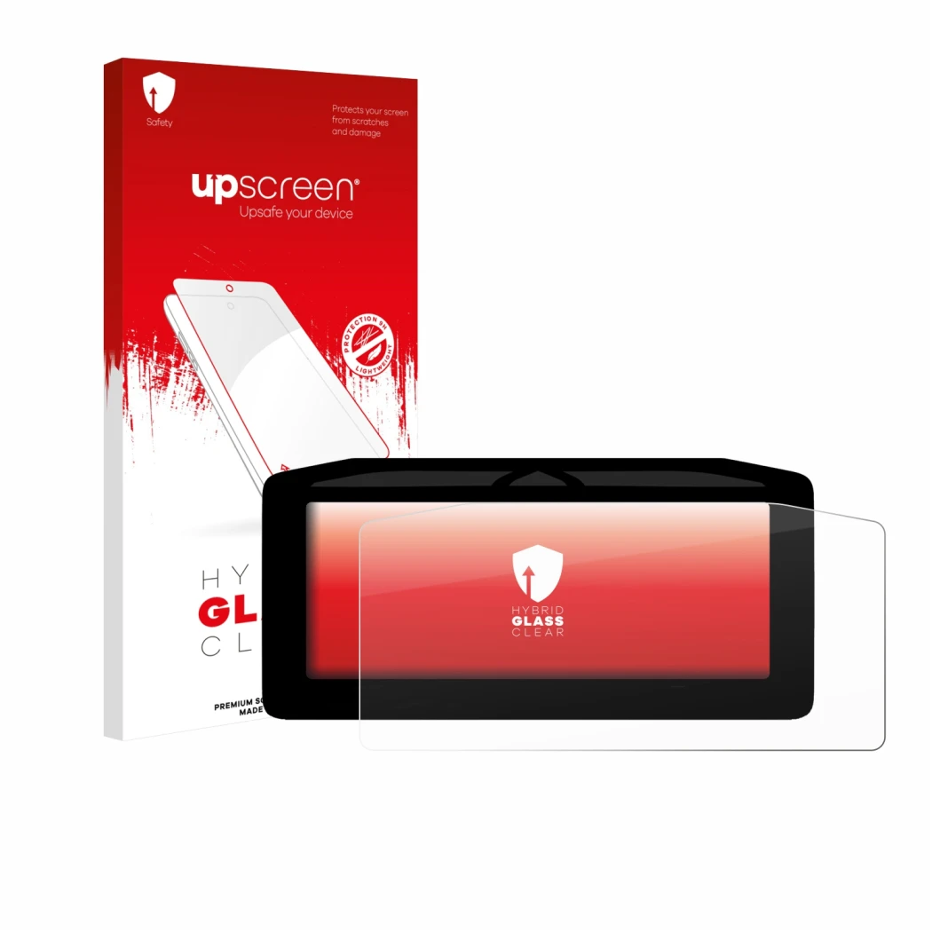 Face avant d’un emballage produit avec le logo de la marque upscreen. À côté, l’appareil Ducati Streetfighter V4 2025 Affichag