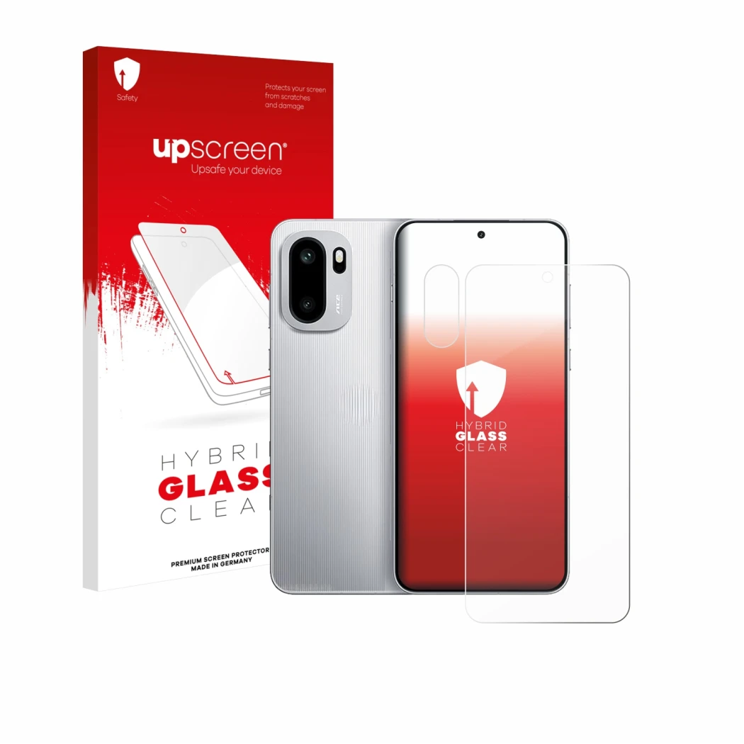 Face avant d’un emballage produit avec le logo de la marque upscreen. À côté, l’appareil OnePlus 15R (Avant+Caméra) est représ