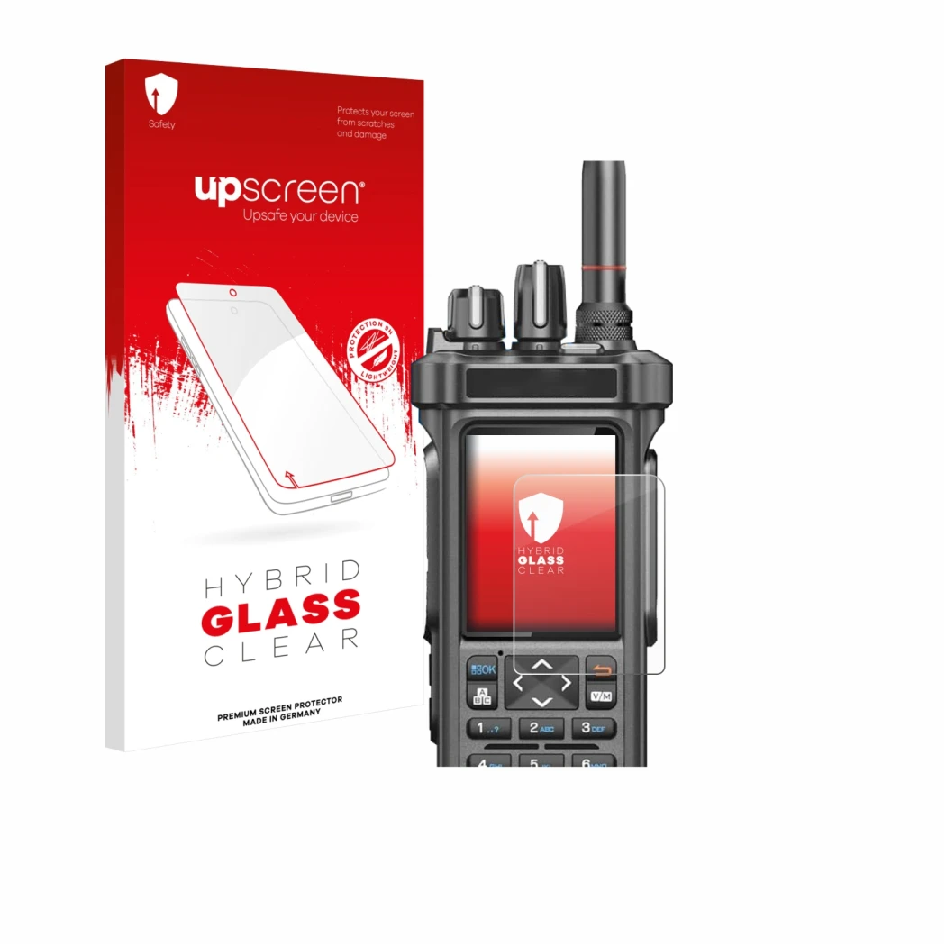 Face avant d’un emballage produit avec le logo de la marque upscreen. À côté, l’appareil Radtel RT-950 Pro est représenté avec