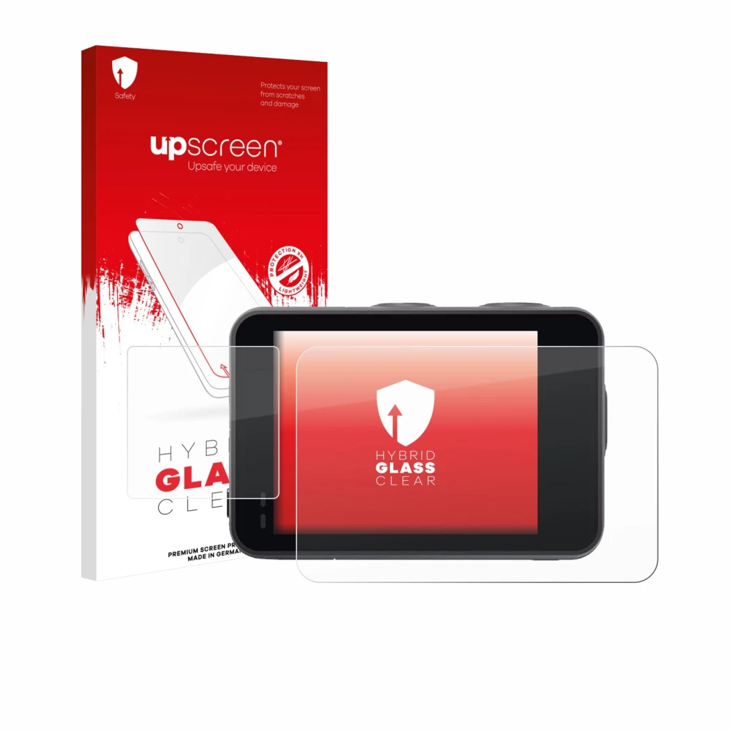 Face avant d’un emballage produit avec le logo de la marque upscreen. À côté, l’appareil Akaso Brave 7 est représenté avec la