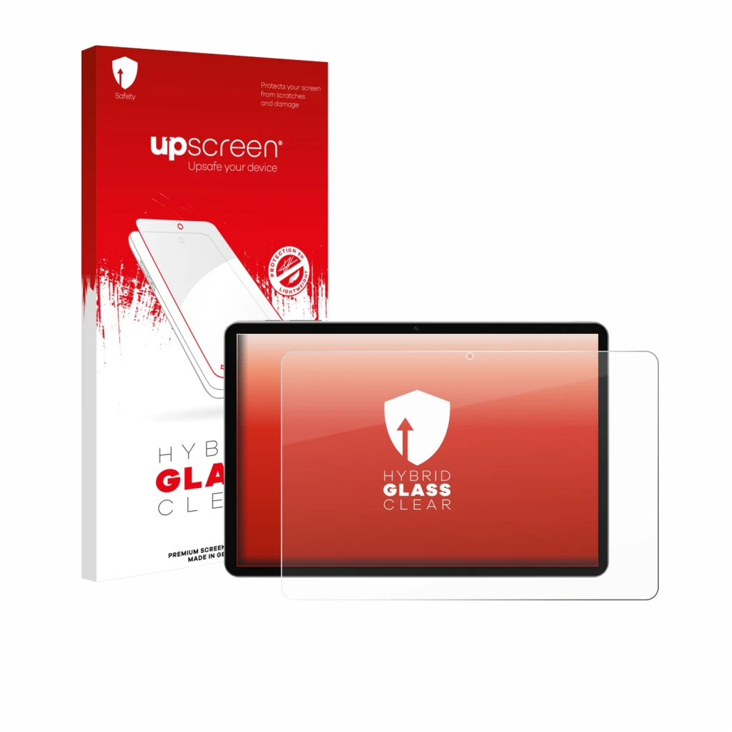 Face avant d’un emballage produit avec le logo de la marque upscreen. À côté, l’appareil Pritom M10 TAB 10 PLUS 10.1