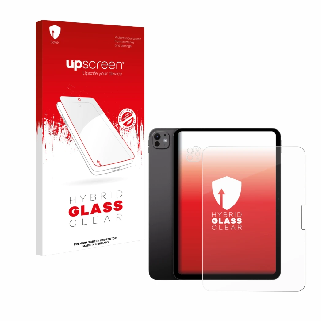 Face avant d’un emballage produit avec le logo de la marque upscreen. À côté, l’appareil Apple iPad Pro 11