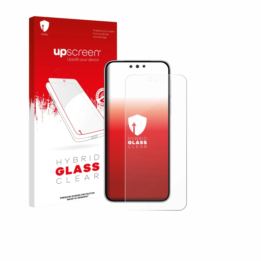 Face avant d’un emballage produit avec le logo de la marque upscreen. À côté, l’appareil Huawei Mate 80 est représenté avec la