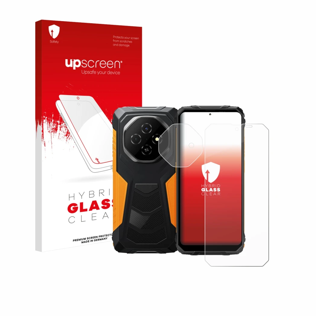 Face avant d’un emballage produit avec le logo de la marque upscreen. À côté, l’appareil Blackview Fort 1 (Avant+Caméra) est r