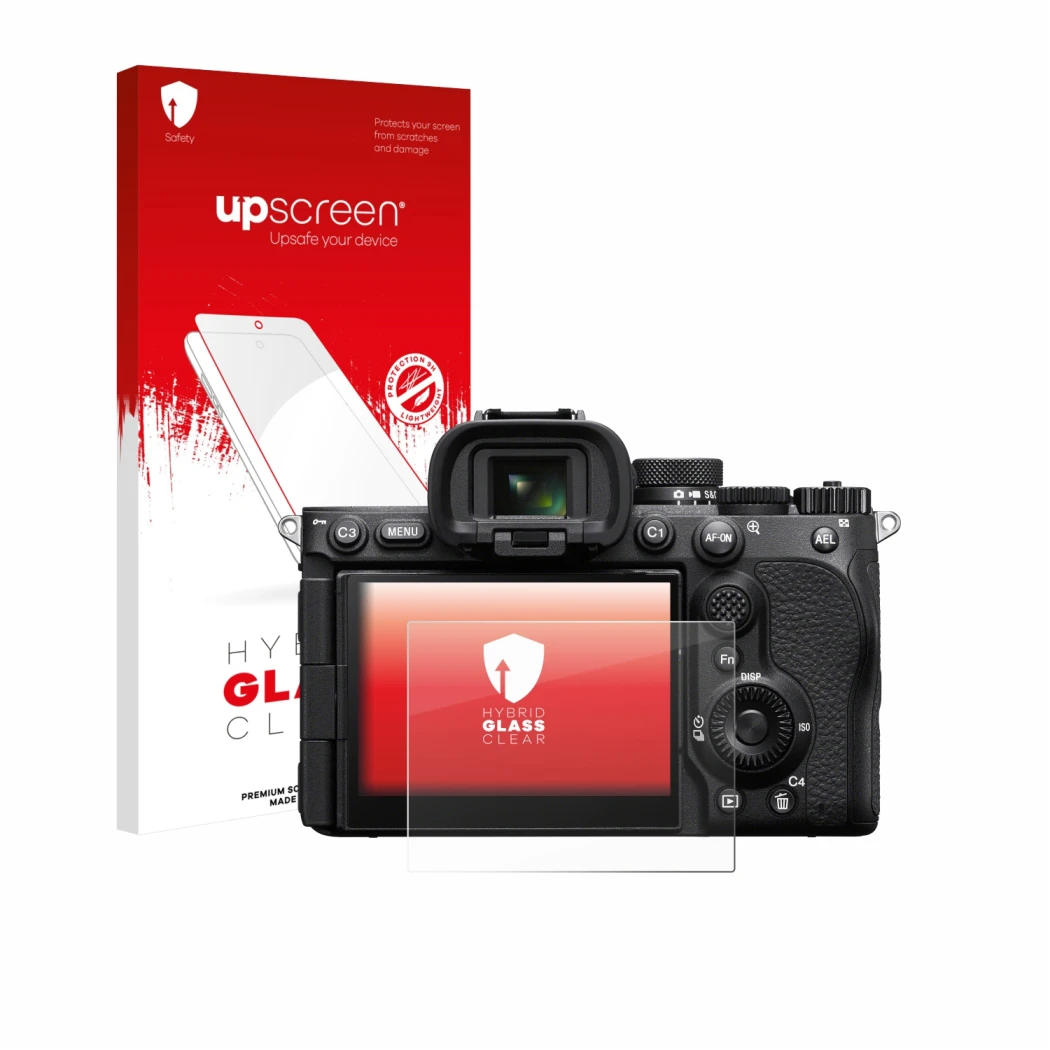 Face avant d’un emballage produit avec le logo de la marque upscreen. À côté, l’appareil Sony Alpha 7 V (ILCE-7M5) est représe