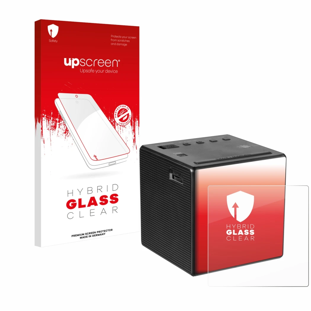 Face avant d’un emballage produit avec le logo de la marque upscreen. À côté, l’appareil Sony ICF-C1 est représenté avec la pr