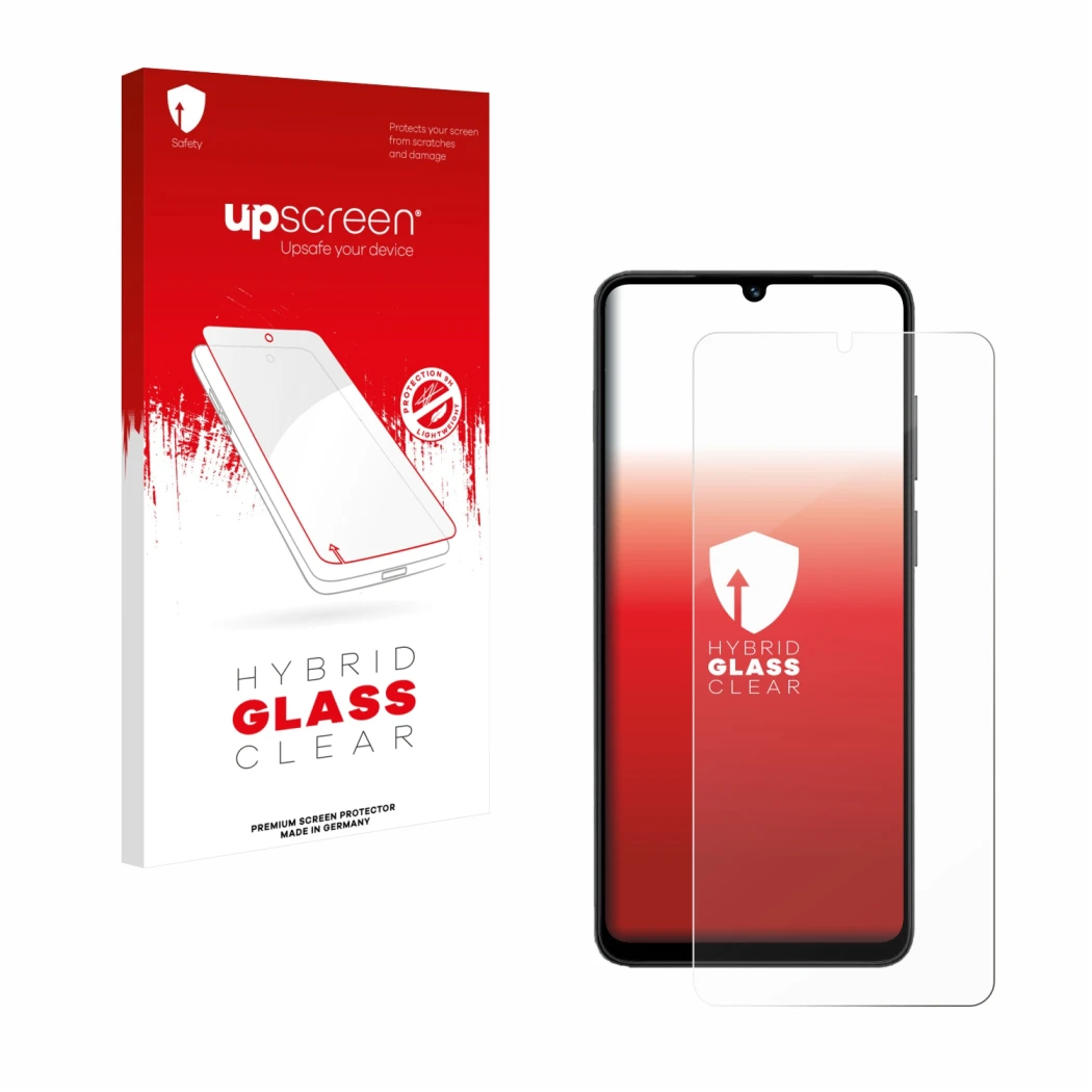 Face avant d’un emballage produit avec le logo de la marque upscreen. À côté, l’appareil Honor X5c Plus est représenté avec la