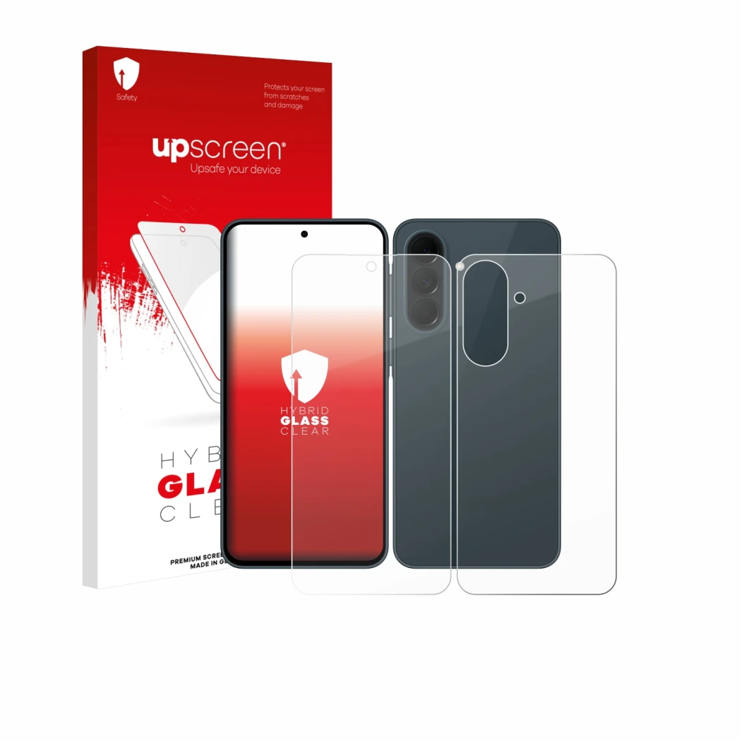 Face avant d’un emballage produit avec le logo de la marque upscreen. À côté, l’appareil Samsung Galaxy A37 5G (Avant+Arrière)