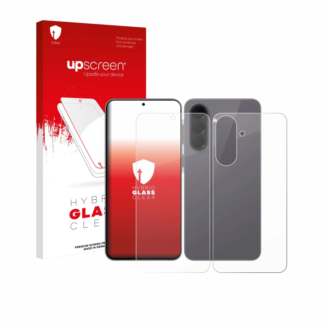 Face avant d’un emballage produit avec le logo de la marque upscreen. À côté, l’appareil Samsung Galaxy A57 5G (Avant+Arrière)