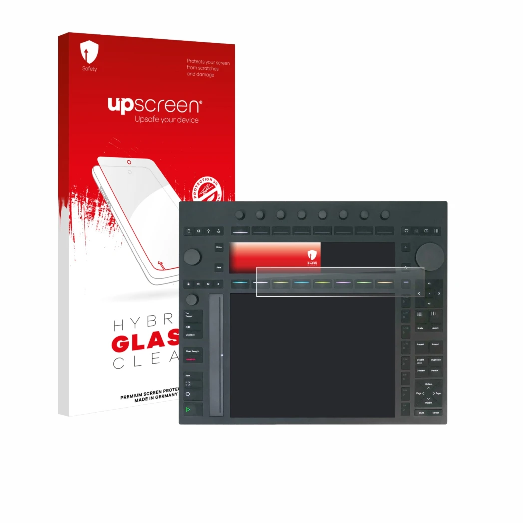 Face avant d’un emballage produit avec le logo de la marque upscreen. À côté, l’appareil Ableton Push 3 est représenté avec la