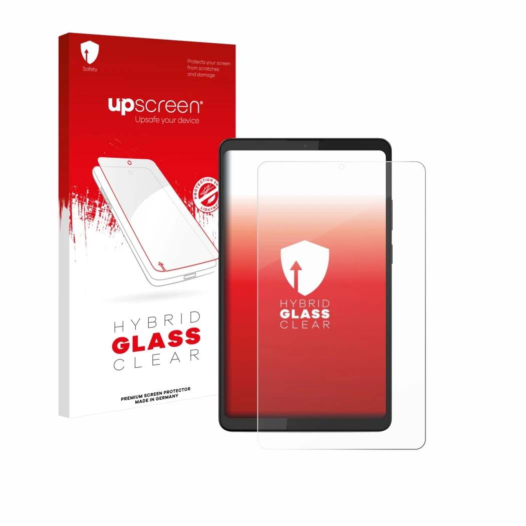 Face avant d’un emballage produit avec le logo de la marque upscreen. À côté, l’appareil Lenovo Tab K9 est représenté avec la 
