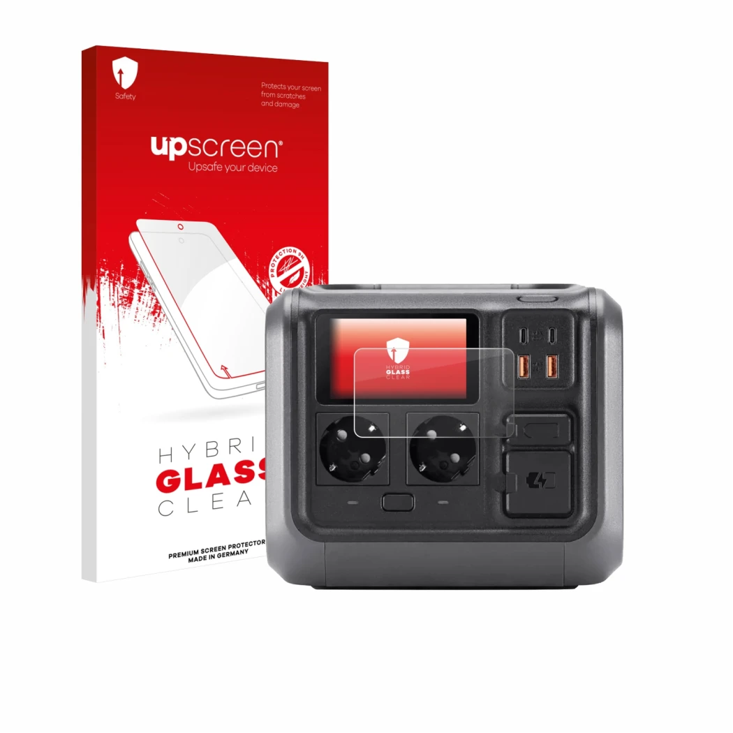 Face avant d’un emballage produit avec le logo de la marque upscreen. À côté, l’appareil DJI Power 500 est représenté avec la 