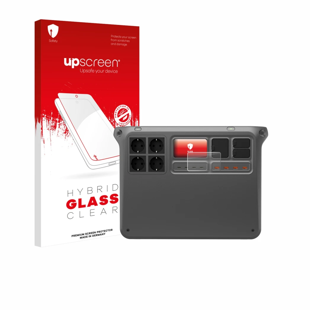 Face avant d’un emballage produit avec le logo de la marque upscreen. À côté, l’appareil DJI Power 2000 est représenté avec la