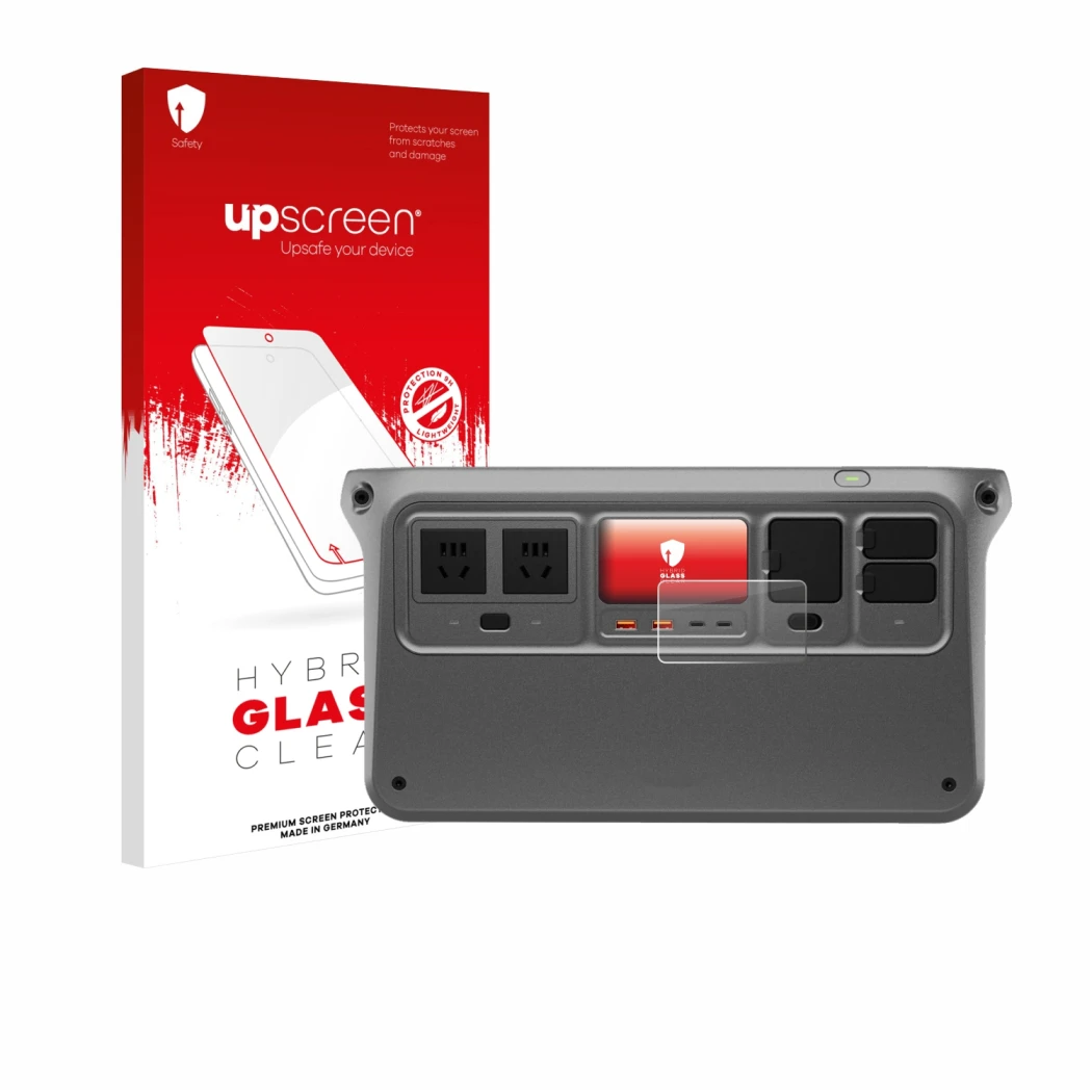 Face avant d’un emballage produit avec le logo de la marque upscreen. À côté, l’appareil DJI Power 1000 V2 est représenté avec