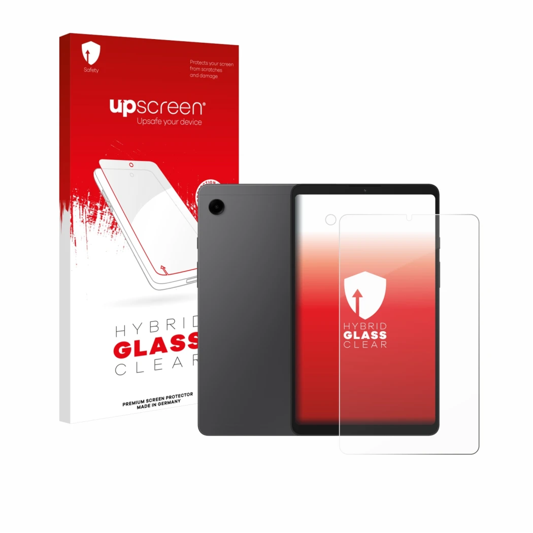 Face avant d’un emballage produit avec le logo de la marque upscreen. À côté, l’appareil Samsung Galaxy Tab A9 (Avant+Caméra) 
