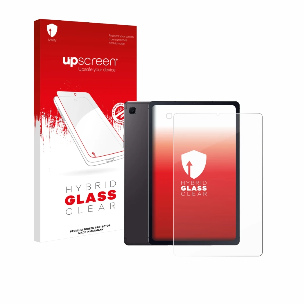 Face avant d’un emballage produit avec le logo de la marque upscreen. À côté, l’appareil Samsung Galaxy Tab S6 Lite 2020 (Avan