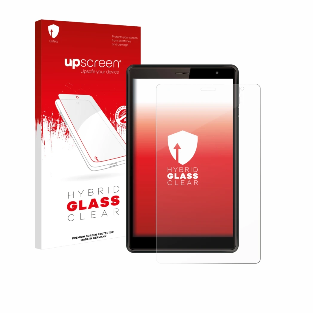 Face avant d’un emballage produit avec le logo de la marque upscreen. À côté, l’appareil Logicom Tab 80 8