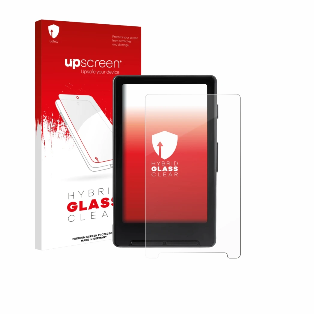 Face avant d’un emballage produit avec le logo de la marque upscreen. À côté, l’appareil Xteink X4 est représenté avec la prot