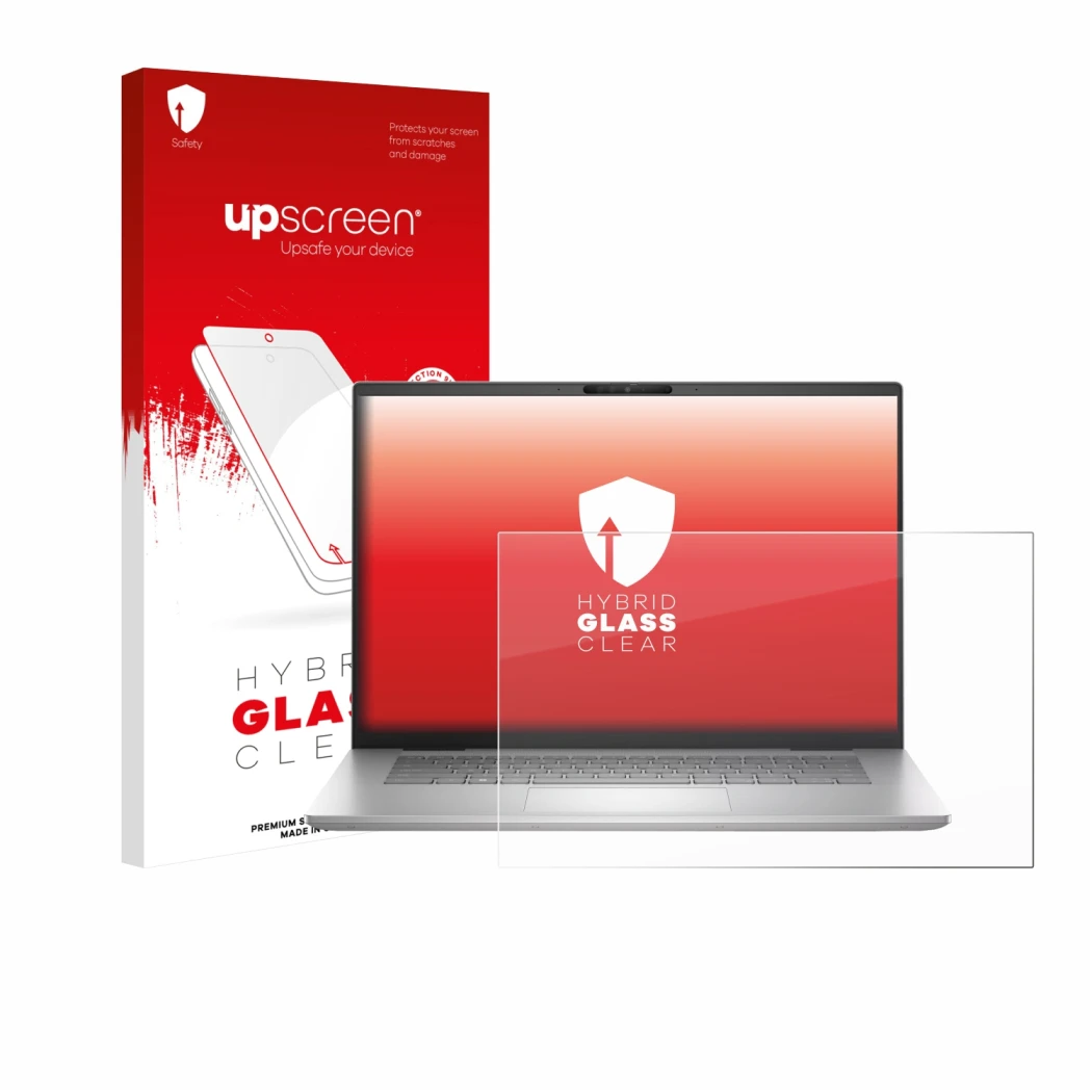 Face avant d’un emballage produit avec le logo de la marque upscreen. À côté, l’appareil Dell Inspiron 16 Plus 7630 est représ