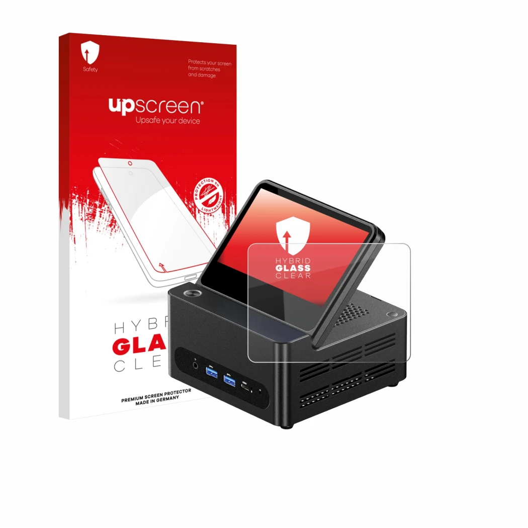 Face avant d’un emballage produit avec le logo de la marque upscreen. À côté, l’appareil AOOSTAR ‎G-FLIP H255 est représenté a