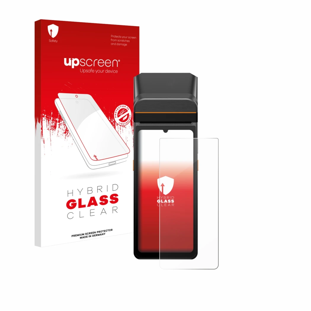 Face avant d’un emballage produit avec le logo de la marque upscreen. À côté, l’appareil Sunmi V3 A13 est représenté avec la p