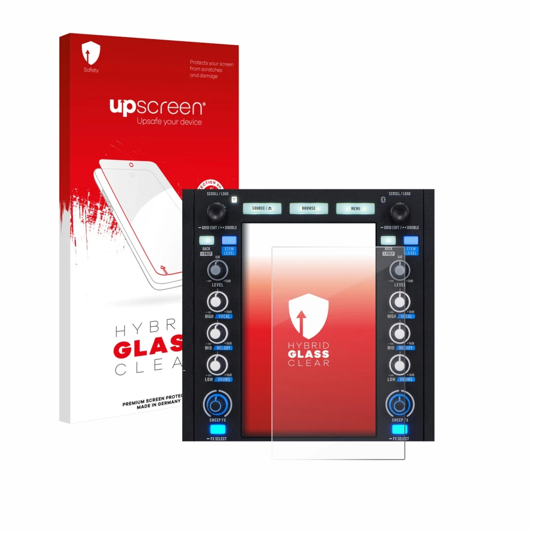 Face avant d’un emballage produit avec le logo de la marque upscreen. À côté, l’appareil Rane System One est représenté avec l