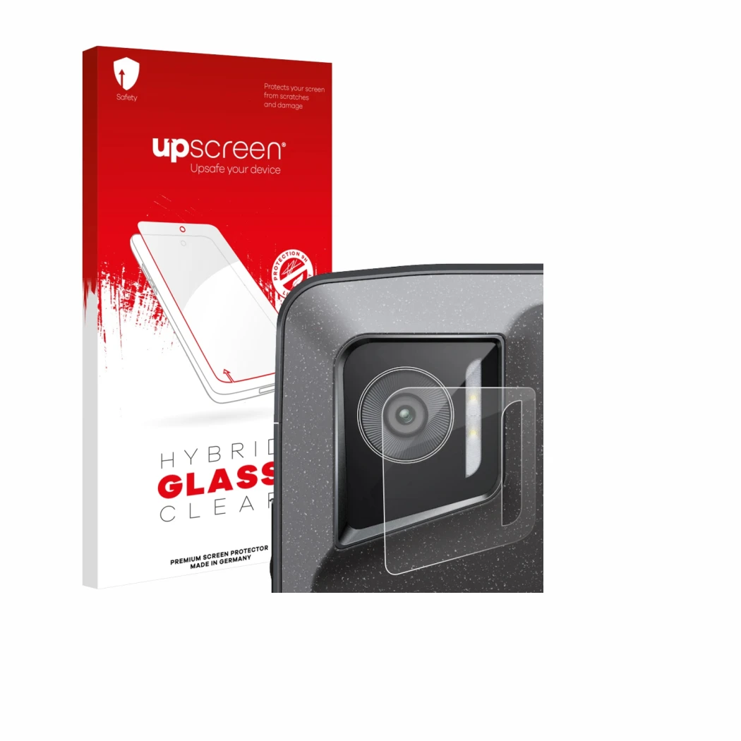Face avant d’un emballage produit avec le logo de la marque upscreen. À côté, l’appareil Crosscall Stellar M6E (Caméra UNIQUEM