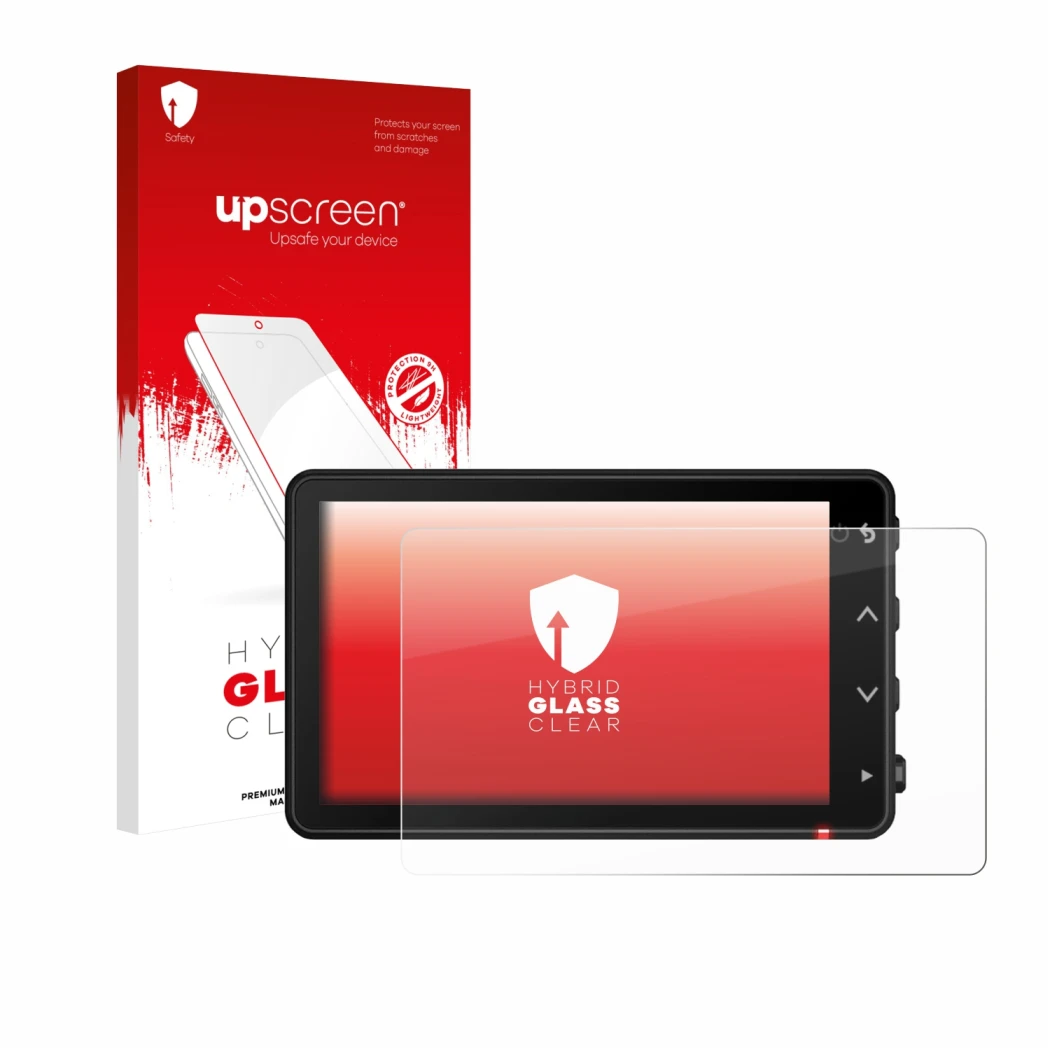 Face avant d’un emballage produit avec le logo de la marque upscreen. À côté, l’appareil Garmin Catalyst 2 est représenté avec