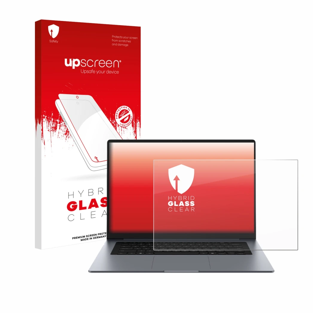 Face avant d’un emballage produit avec le logo de la marque upscreen. À côté, l’appareil Samsung Galaxy Book6 16