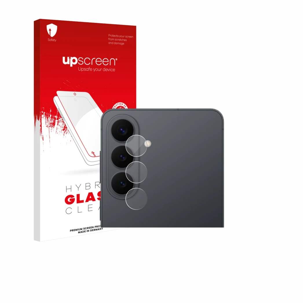 Face avant d’un emballage produit avec le logo de la marque upscreen. À côté, l’appareil Samsung Galaxy S26 Plus (Caméra UNIQU
