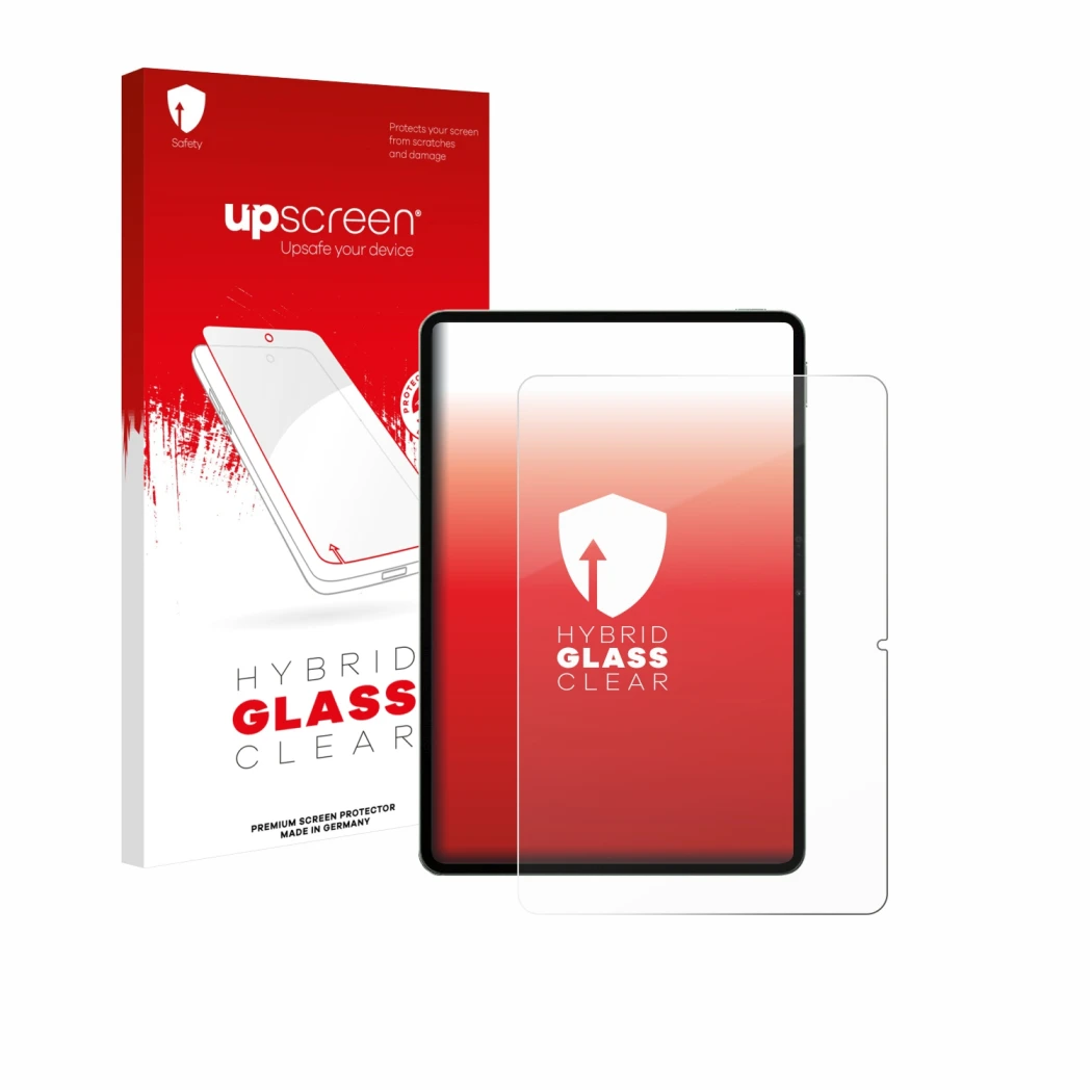 Face avant d’un emballage produit avec le logo de la marque upscreen. À côté, l’appareil Xiaomi Pad 8 Pro est représenté avec 