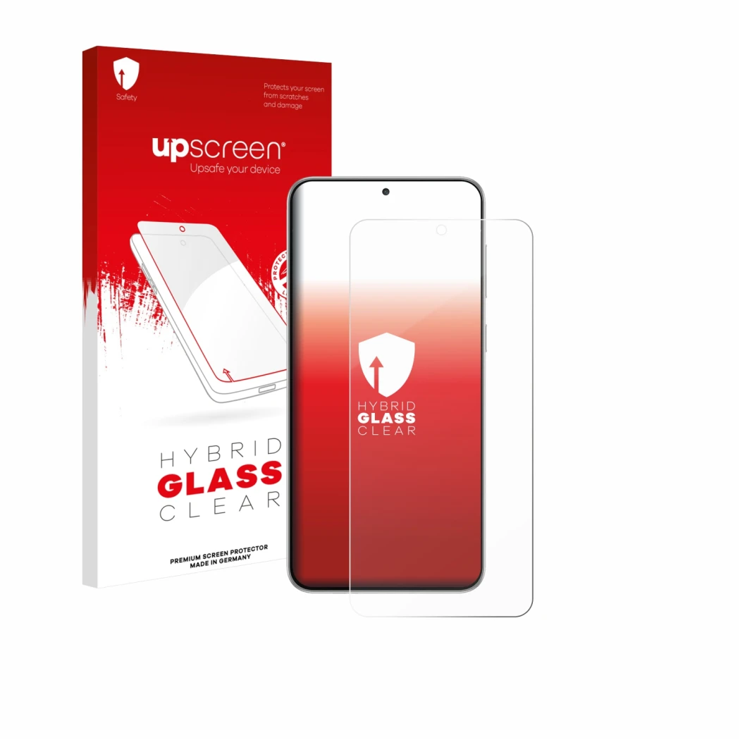 Face avant d’un emballage produit avec le logo de la marque upscreen. À côté, l’appareil Samsung Galaxy F56 est représenté ave