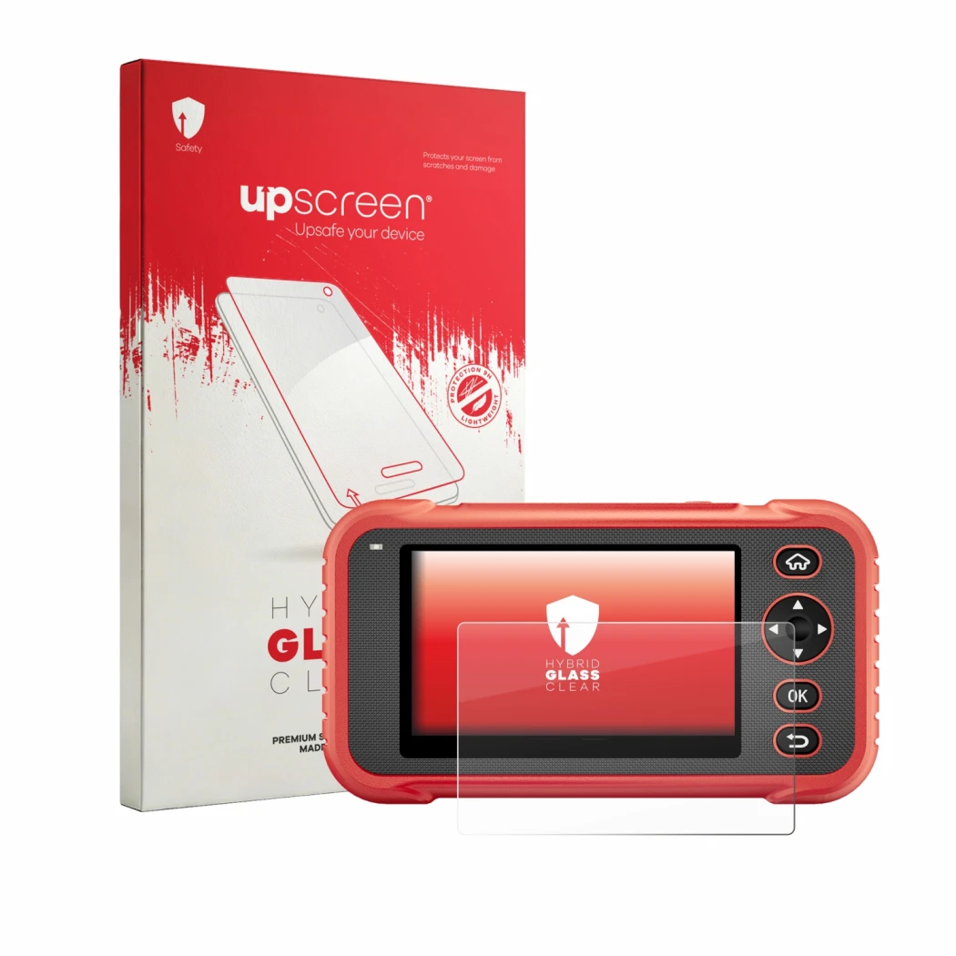 Face avant d’un emballage produit avec le logo de la marque upscreen. À côté, l’appareil Launch CRP129E Plus est représenté av