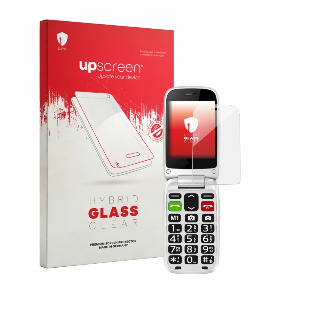 Face avant d’un emballage produit avec le logo de la marque upscreen. À côté, l’appareil true S70 est représenté avec la prote