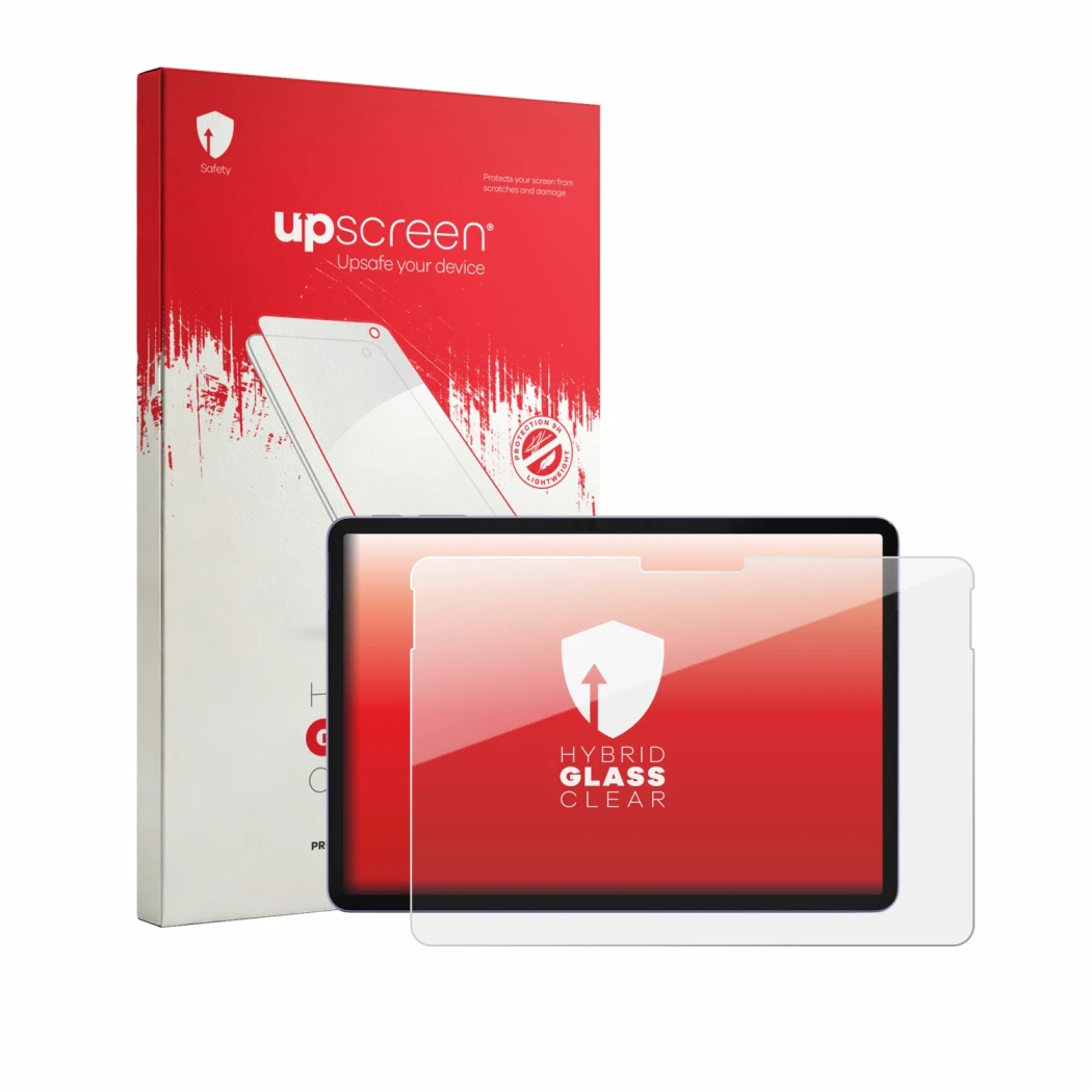Face avant d’un emballage produit avec le logo de la marque upscreen. À côté, l’appareil Microsoft Surface Pro 12 (2. Edition)