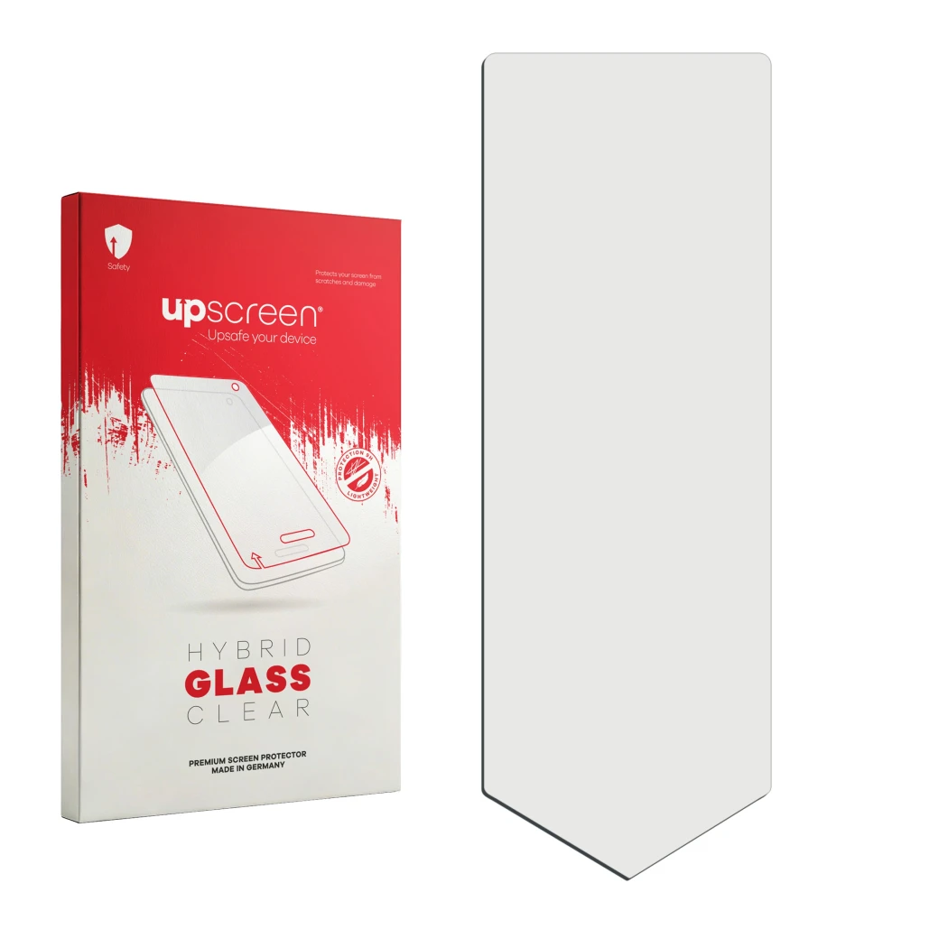 Face avant d’un emballage produit avec le logo de la marque upscreen. À côté se trouve la protection d’écran correspondante.