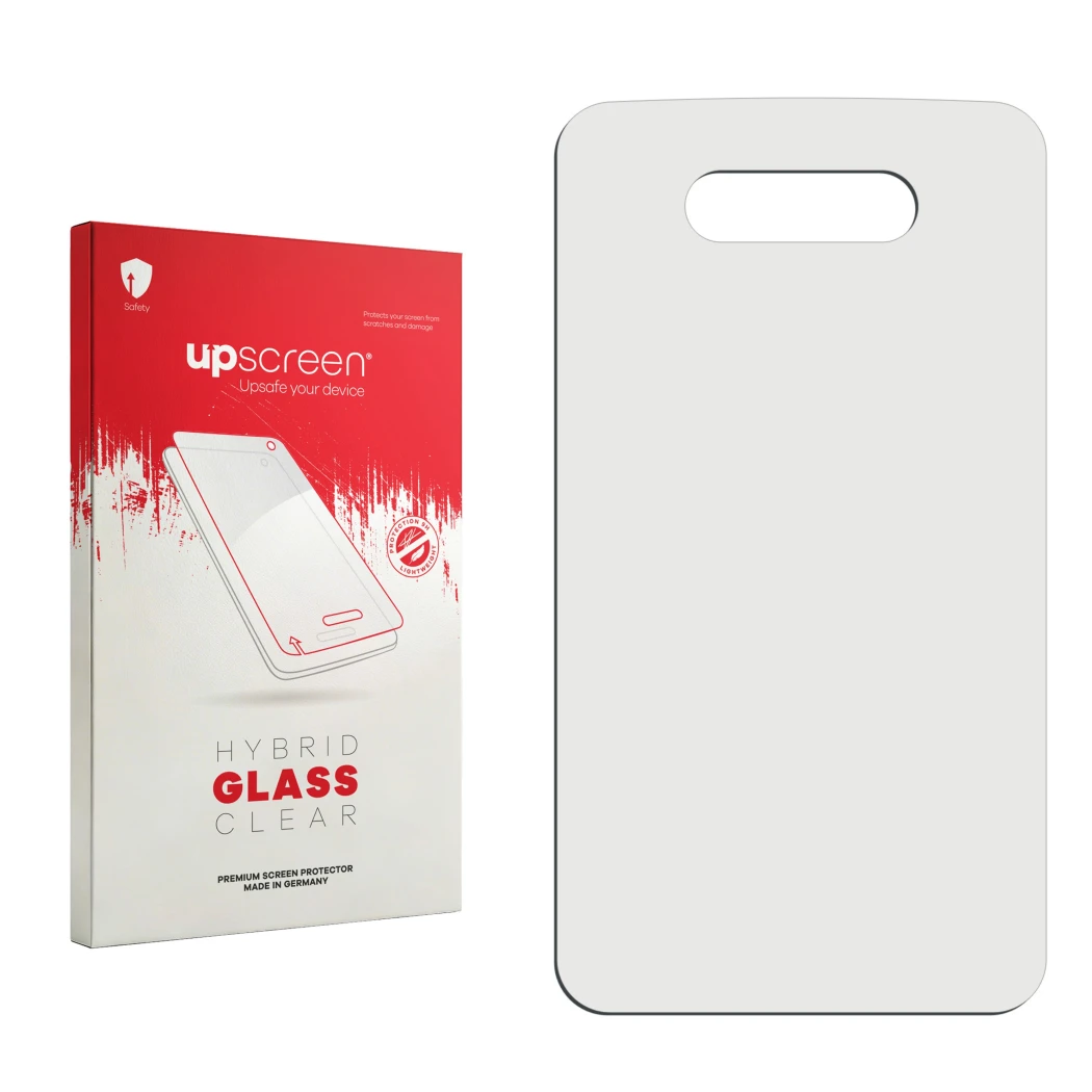 Face avant d’un emballage produit avec le logo de la marque upscreen. À côté se trouve la protection d’écran correspondante.