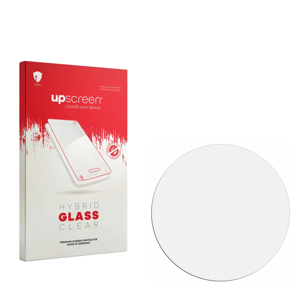 Face avant d’un emballage produit avec le logo de la marque upscreen. À côté se trouve la protection d’écran correspondante.
