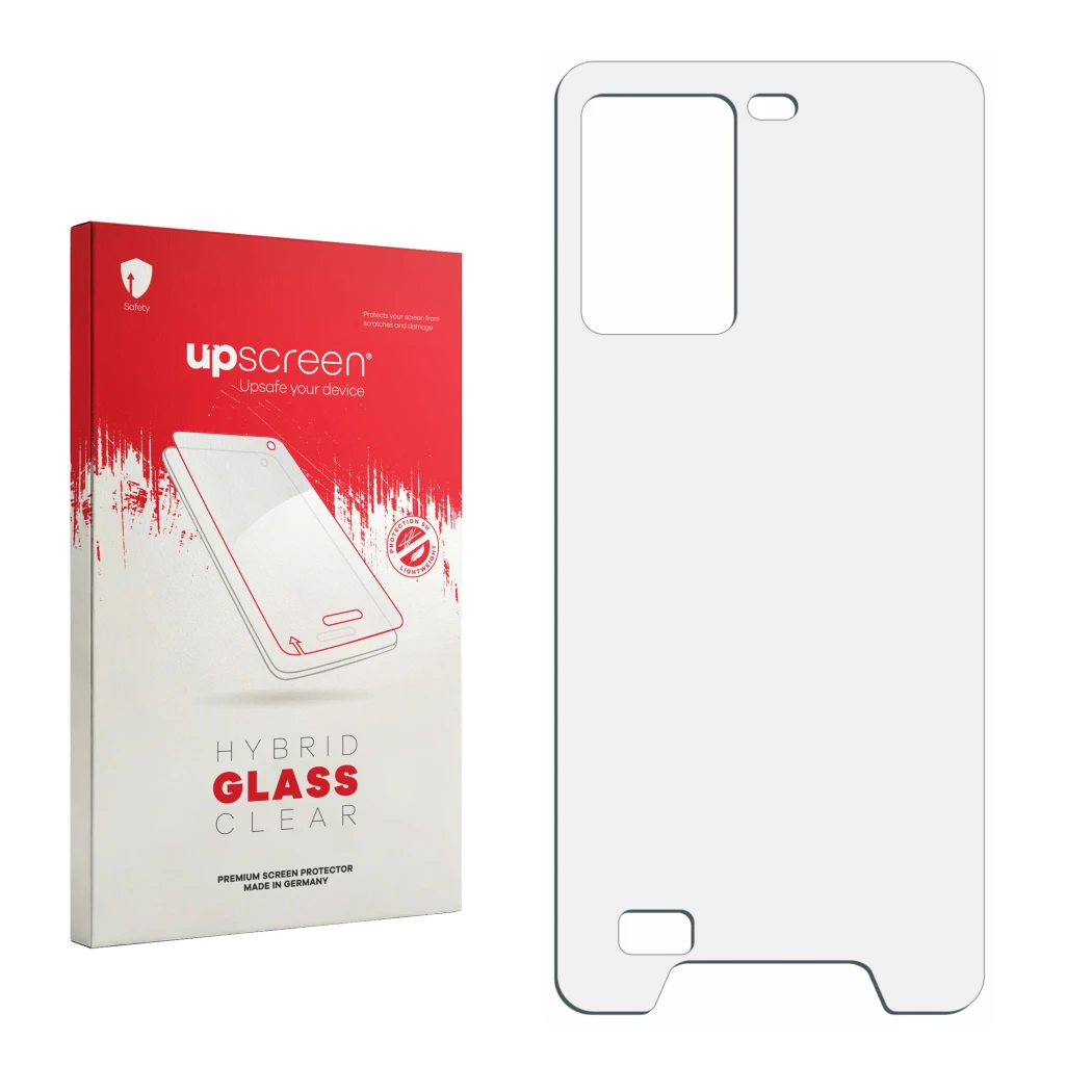 Face avant d’un emballage produit avec le logo de la marque upscreen. À côté se trouve la protection d’écran correspondante.