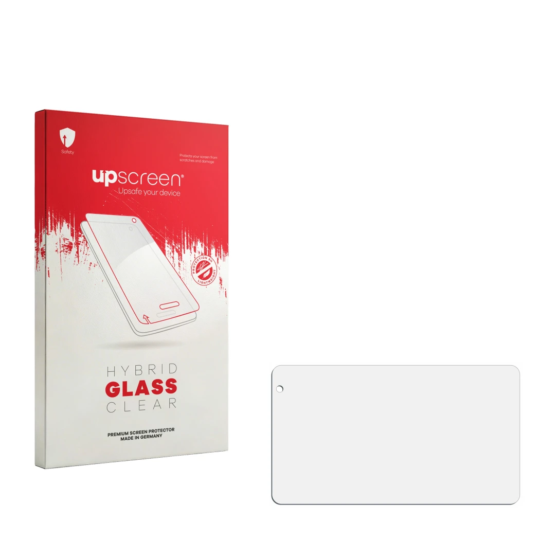 Face avant d’un emballage produit avec le logo de la marque upscreen. À côté se trouve la protection d’écran correspondante.