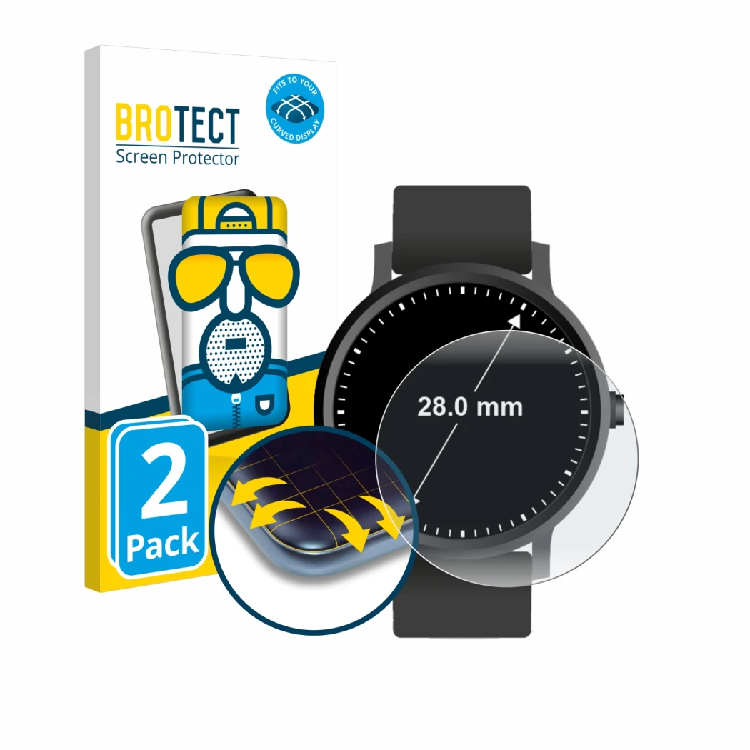 Face avant d’un emballage produit avec le logo de la marque BROTECT. À côté, l’appareil Montres (Circulaire, ø: 28 mm) est rep