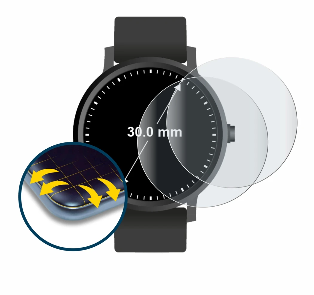 Image de l'appareil Montres (Circulaire, ø: 30 mm) avec une grande variété de protections d'écran.